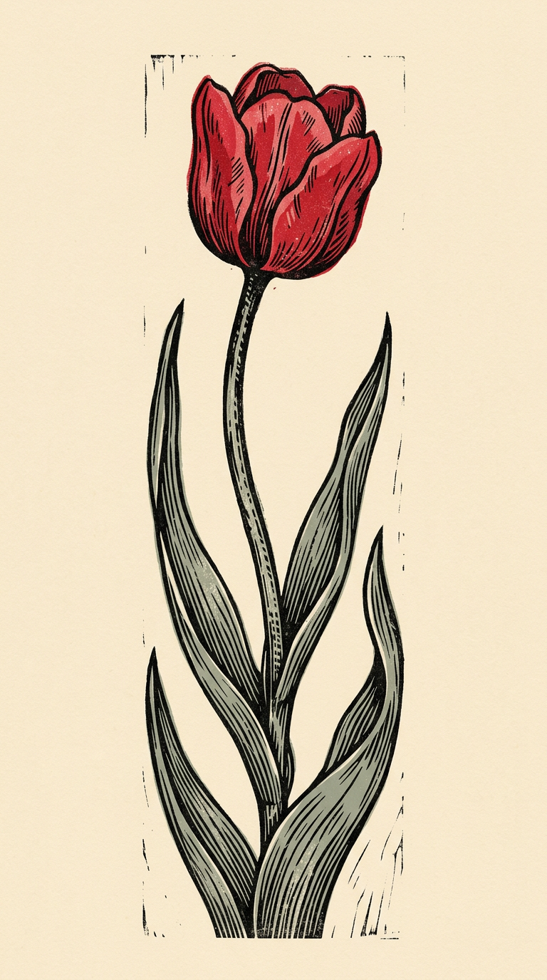 Woodcut print of a single red tulip, the worldwide symbol of Parkinson's awareness